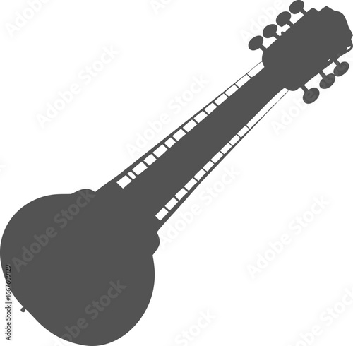 A black silhouette design of a sitar traditional string instrument icon isolated on white background. Vector illustration