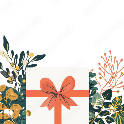 A charming illustration of a gift box with a red ribbon, surrounded by lush botanical elements. Ideal for holiday blogs or celebration themes.