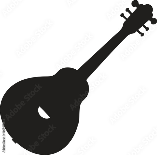 A black silhouette design of a guitar string instrument icon isolated on white background. Vector illustration