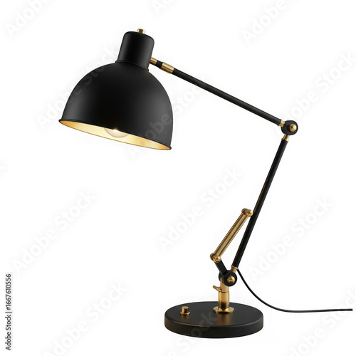 Black adjustable desk lamp with warm light isolated on transparent background
