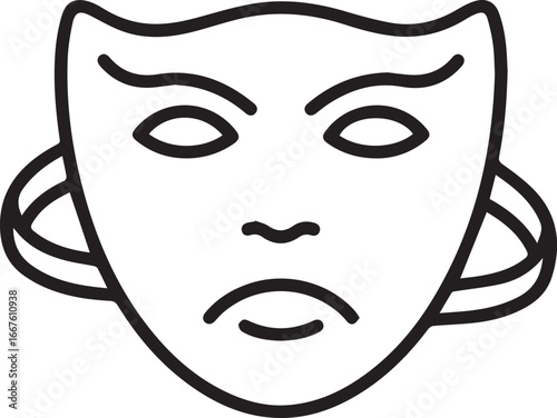 Dramatic theatre mask icon evoking emotional storytelling, performance art, and cultural heritage, a symbol of drama, sadness, and theatrical arts, scalable vector
