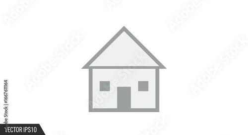 A minimalist illustration of a blue house with a triangular roof, a window, and a door, set against a clean white background, symbolizing home, shelter, and property for various digital applications