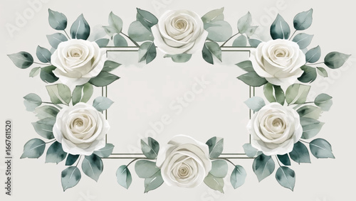 White roses and green leaves surround a blank rectangle on light background. Ideal for wedding invitations, greeting cards, or floral designs.