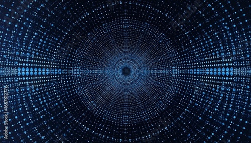 Dark blue abstract background of glowing particles forming a data tunnel.