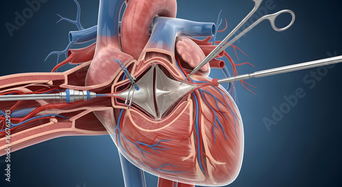 Advanced 3D visualization of a heart valve surgery, illustrating the precise placement of a new aortic valve with specialized medical tools in a human anatomical model