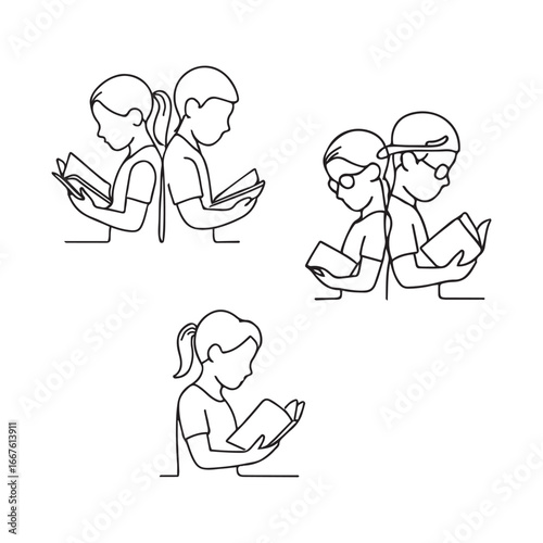 Minimalist One Line Art of Group Reading and Discussion – Collaborative Learning and Study Concept