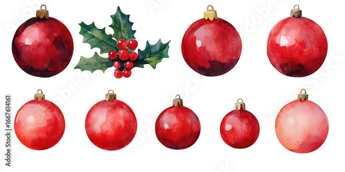 Red Watercolor Christmas Ornaments and Holly with Berries bauble decoration isolated on a transparent background
