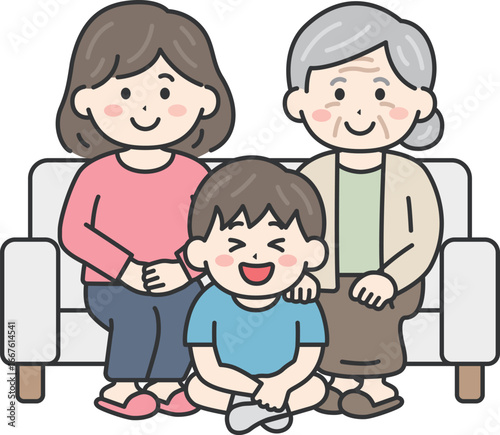 敬老の日に、祖母と母と家族写真を撮る、男の子のイラスト｜敬老の日