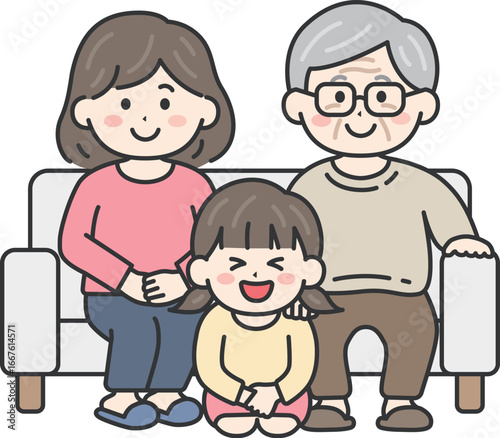 敬老の日に、祖父と母と家族写真を撮る、女の子のイラスト｜敬老の日