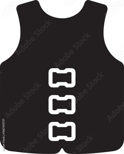 Safety life jacket silhouette vector, ideal for boating, water sports, and emergency designs.