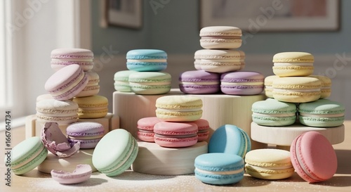 Pastel macaroon cookie stacks delicious sweet confectionery dessert