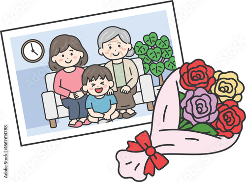 敬老の日に、祖母と母と孫の男の子と撮影した、家族写真のイラスト｜敬老の日