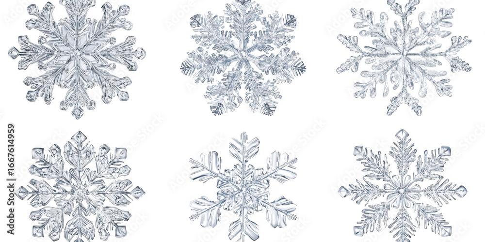 Fototapeta premium Six Clear Transparent Ice Snowflakes on a Black Background winter isolated on a transparent background