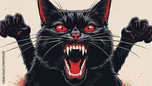A screaming angry black cat. Retro vector illustration for poster design.AI Generate