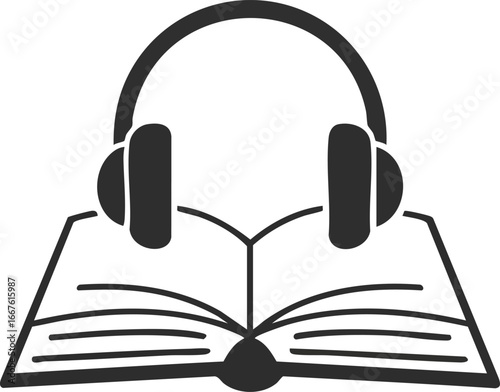 Audiobook Icon Open Book with Headphones audio listening reading sound music story
