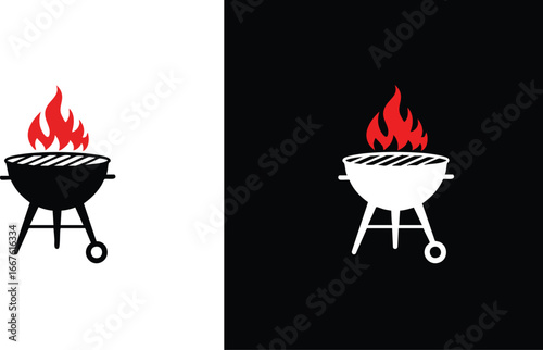 BBQ Grill Icon Black White Design barbecue fire flames cooking summer food