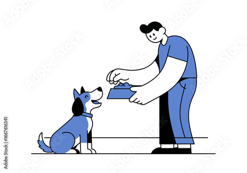 Man feeding dog with a bowl of food in black and blue, suitable for pet care websites.