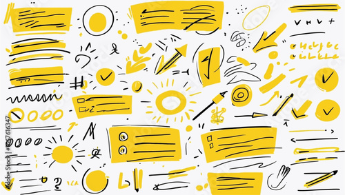 Yellow and black handdrawn doodles, perfect for adding whimsical flair to design projects. Ideal for creating vibrant and fun graphics.