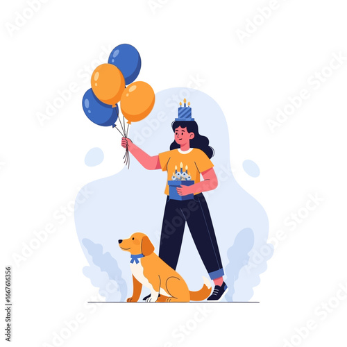 Woman happily celebrates with balloons, cake, and her dog at a party. Perfect for celebrations, parties, birthdays, and happinessthemed designs.