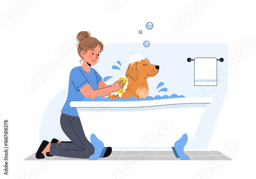 Woman pampering her dog in a foamy bathtub. Ideal for pet grooming services, animal care products, and spa advertisements.