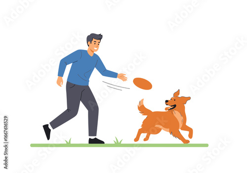 Man playing frisbee with happy golden retriever, ideal for pet product advertisements, outdoor activity promotions, and animal care designs.