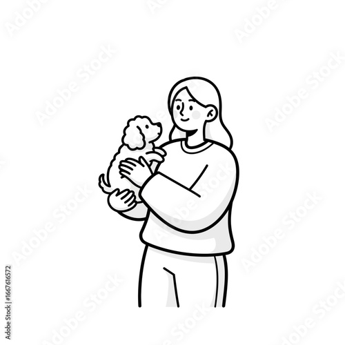 Woman cuddling cute puppy suitable for pet care, veterinary services, animal shelters, and pet product advertisements.