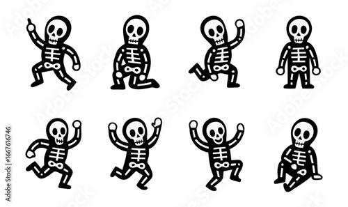 Dancing Skeleton Icon Set. Halloween Cartoon Vector Characters