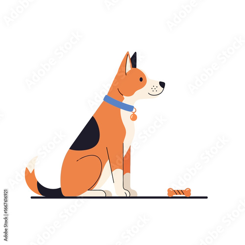 Dog sitting near bone treat, perfect for pet care, training classes, treats, obedience training, petsitting services, animal food brands.