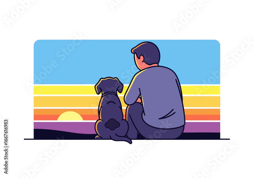 Perfect for pet products, calming vibes, outdoor activities. Illustrates humananimal bond, serenity, evening relaxation, bond between dog owner.