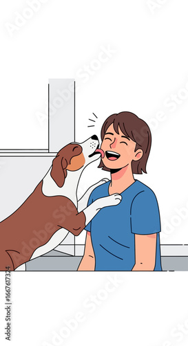 Dog licking a joyful woman perfect for blog posts, websites, and social media content related to pet care.