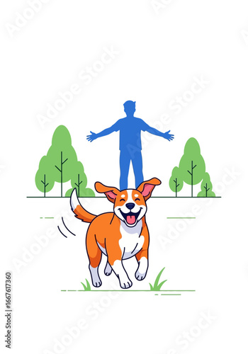 Happy dog running towards owner in a forest, showing love and excitement. Suitable for pet care and outdoor activities themes.