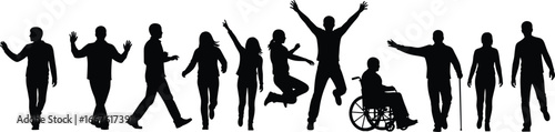 Inclusive silhouettes showing diverse human movement, wheelchair user and standing figures, highlighting accessibility, activity, and body language in motion