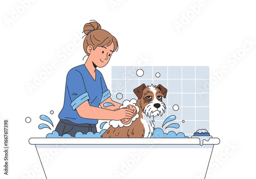 Woman bathing cute dog is perfect for pet care, grooming products, veterinarian services, and dog lover content creation needs.
