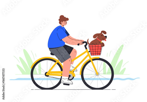 Man biking with a dog in the basket, suitable for petfriendly lifestyle blogs, outdoor adventure websites, and active living promotions.