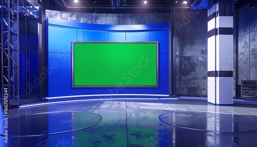 Empty virtual TV studio background, blue design, green screen display.