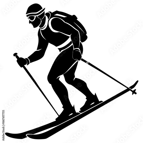 Silhouette of a skier with backpack and poles descending a slope skiing winter sport