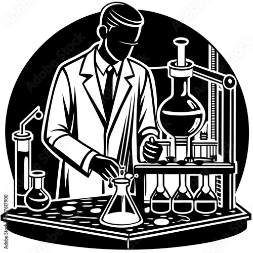 Scientist in lab coat conducting chemical experiment with flasks and beakers laboratory science