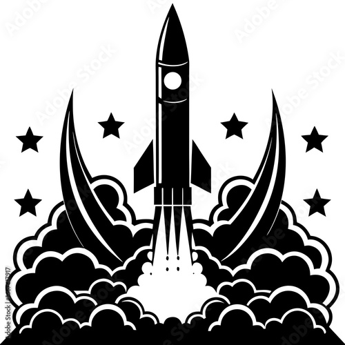 Rocket launching with smoke trails and stars in a stylized design space spaceship