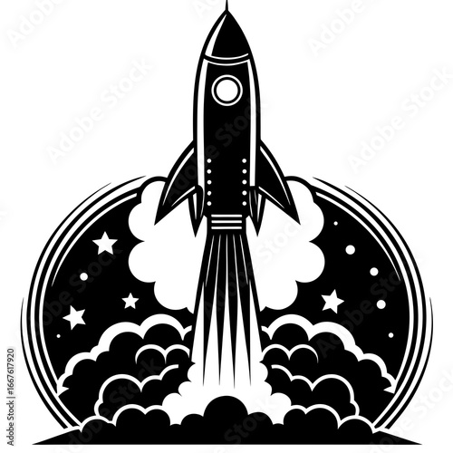 Retro style rocket blasting off with smoke and stars in a circular frame launch space