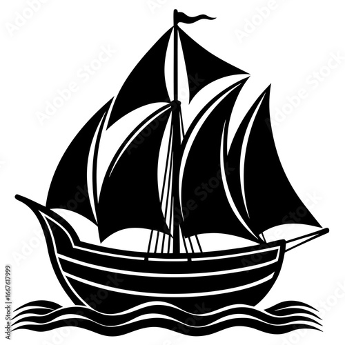 Black Silhouette of a Sailing Ship with Full Sails on Wavy Water boat vessel