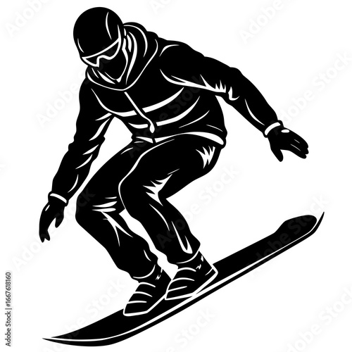 Silhouette of a snowboarder in action on white background snowboarding winter sport