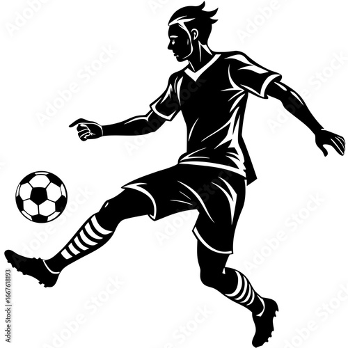 Silhouette of a male soccer player kicking a ball on a white background football sport