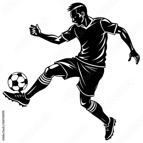 Silhouette of a soccer player dribbling a ball with his foot on white background football sport