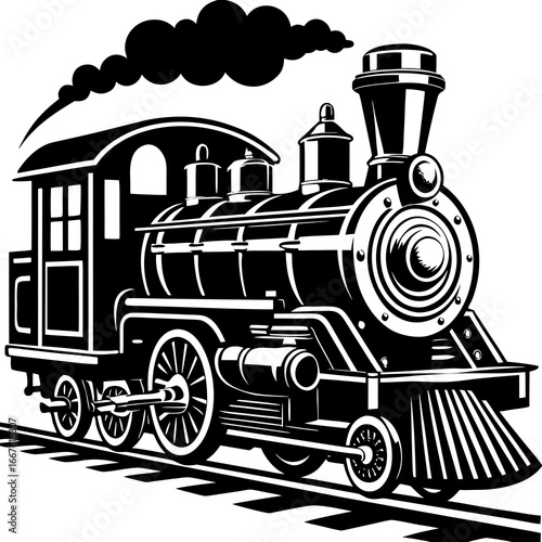 Black and white illustration of a vintage steam locomotive on railroad tracks emitting smoke train engine