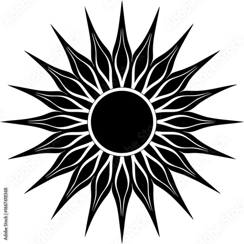 Black and white stylized sunburst illustration with flame-like rays star solar