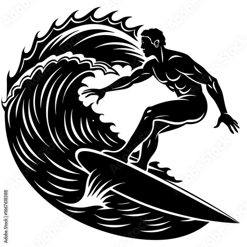 Silhouette of a surfer riding a large wave in black and white surfing ocean