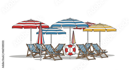 Beach scene with colorful umbrellas and deck chairs.