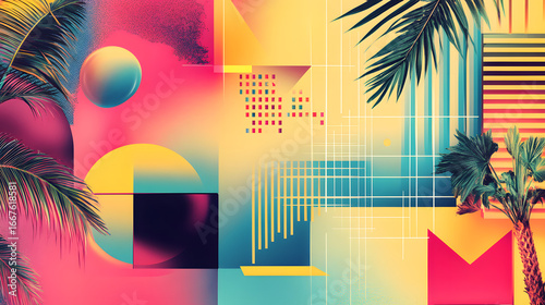 Vibrant abstract geometric art with tropical palm leaves and sunset hues creates a modern retro vibe.