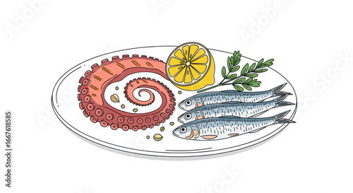 Illustration of a plate with octopus tentacles, sardines, lemon, and parsley.
