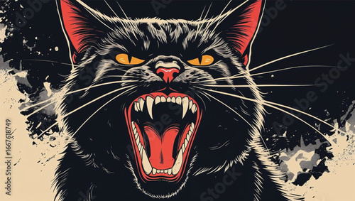 A screaming angry black cat. Retro vector illustration for poster design.AI Generate